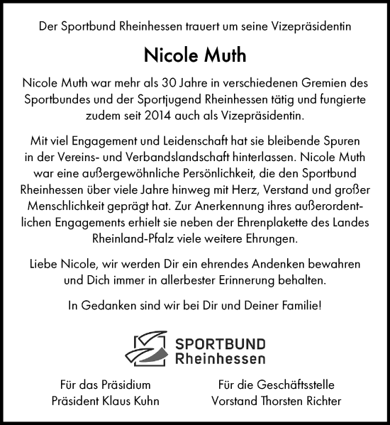 Traueranzeige von Nicole Muth von Allgemeine Zeitung Rheinhessen-Nahe