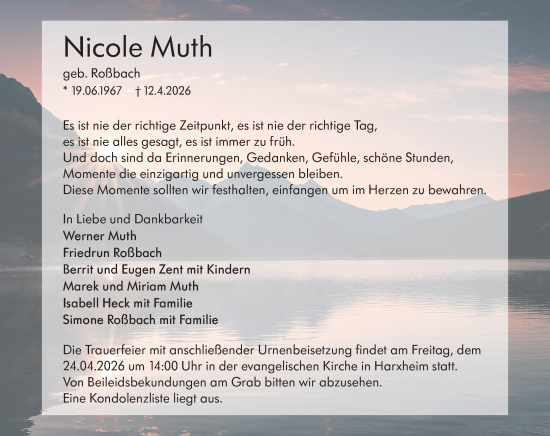 Traueranzeige von Nicole Muth von Allgemeine Zeitung Mainz