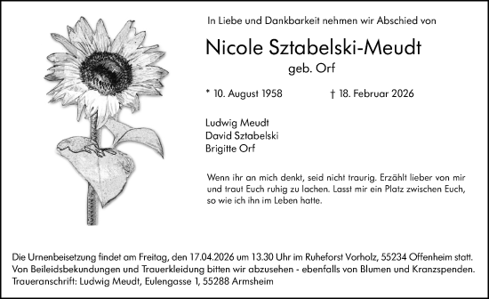 Traueranzeige von Nicole Sztabelski-Meudt von Allgemeine Zeitung Mainz