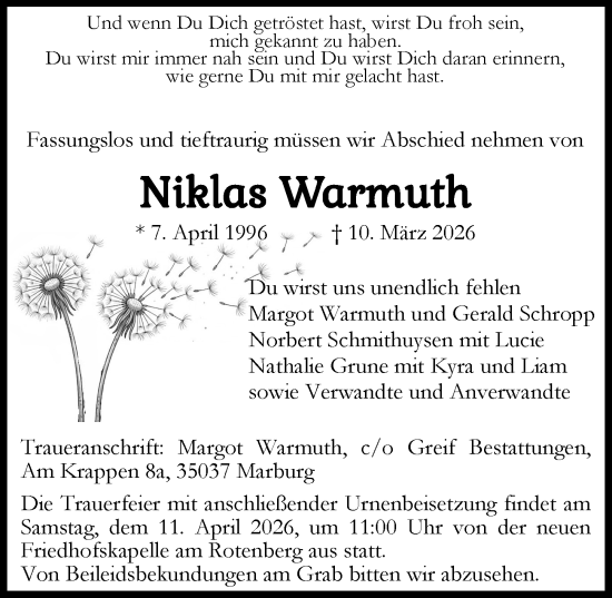 Traueranzeige von Niklas Warmuth von Hinterländer Anzeiger