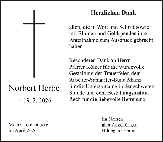 Traueranzeige von Norbert Herbe von Allgemeine Zeitung Mainz