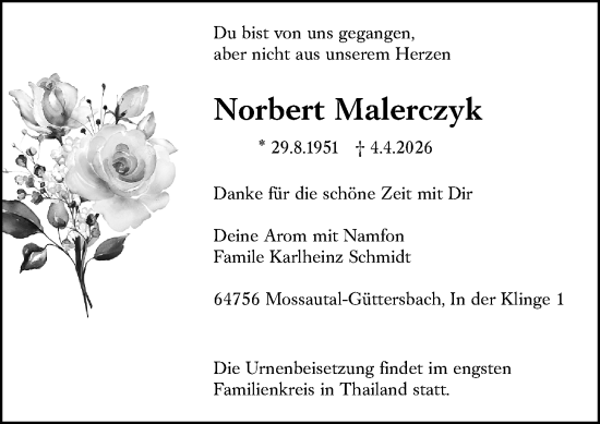 Traueranzeige von Norbert Malerczyk von Odenwälder Echo
