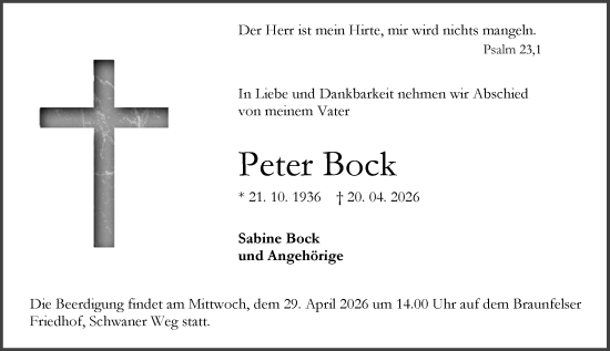 Traueranzeige von Peter Bock von Wetzlarer Neue Zeitung