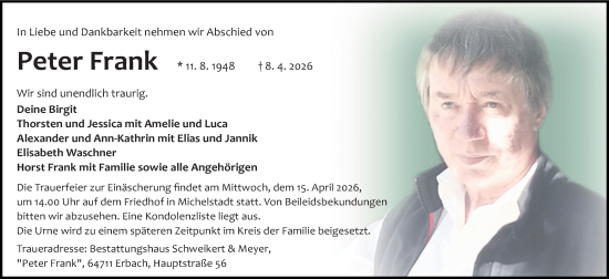 Traueranzeige von Peter Frank von Odenwälder Echo