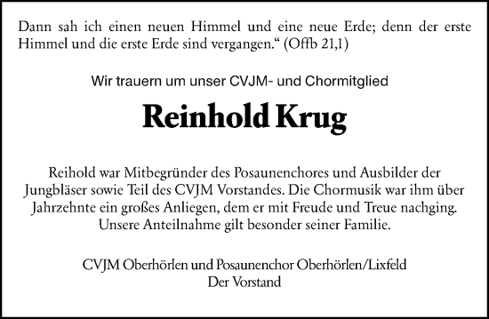 Traueranzeige von Reinhold Krug von Hinterländer Anzeiger