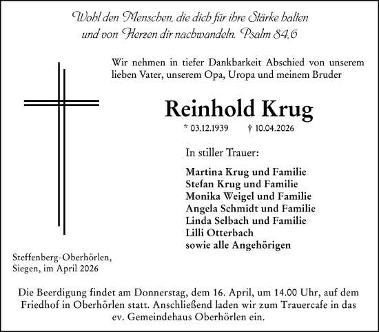 Traueranzeige von Reinhold Krug von Hinterländer Anzeiger
