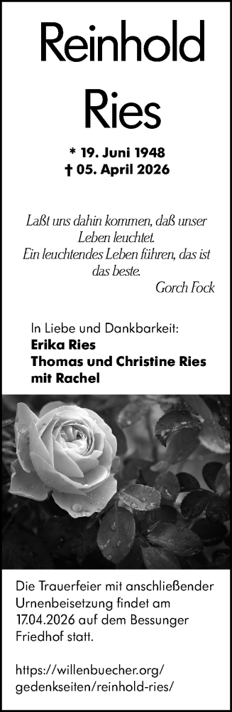 Traueranzeige von Reinhold Ries von Darmstädter Echo