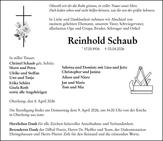 Traueranzeige von Reinhold Schaub von Wetzlarer Neue Zeitung