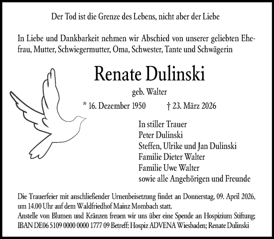 Traueranzeige von Renate Dulinski von Allgemeine Zeitung Mainz
