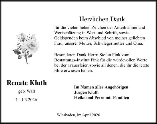 Traueranzeige von Renate Kluth von Wiesbadener Kurier