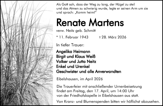 Traueranzeige von Renate Martens von Dill Block