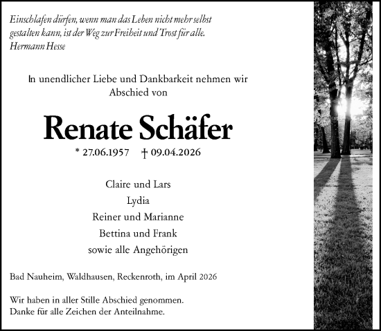 Traueranzeige von Renate Schäfer von Weilburger Tageblatt