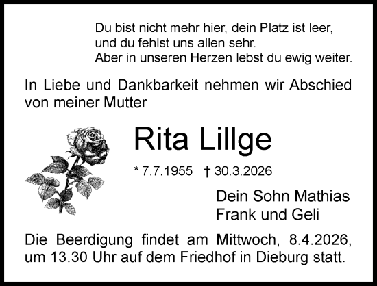Traueranzeige von Rita Lillge von Dieburger Anzeiger/Groß-Zimmerner Lokal-Anzeiger