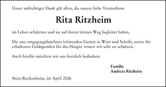 Traueranzeige von Rita Ritzheim von Allgemeine Zeitung Alzey