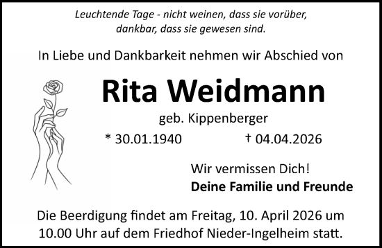 Traueranzeige von Rita Weidmann von Allgemeine Zeitung Rheinhessen-Nahe