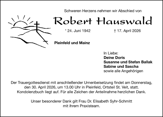 Traueranzeige von Robert Hauswald von Allgemeine Zeitung Mainz