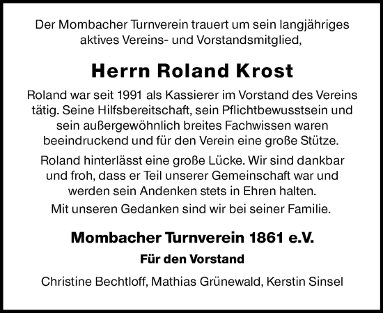 Traueranzeige von Roland Krost von Allgemeine Zeitung Mainz