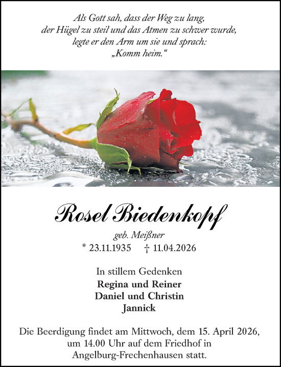Traueranzeige von Rosel Biedenkopf von Hinterländer Anzeiger