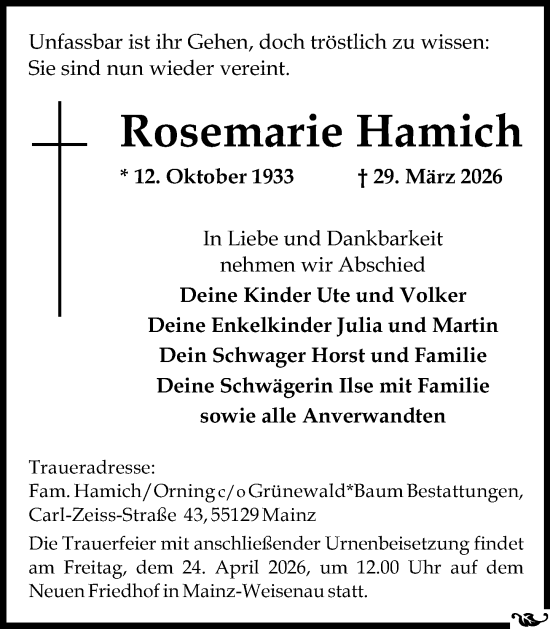 Traueranzeige von Rosemarie Hamich von Allgemeine Zeitung Mainz