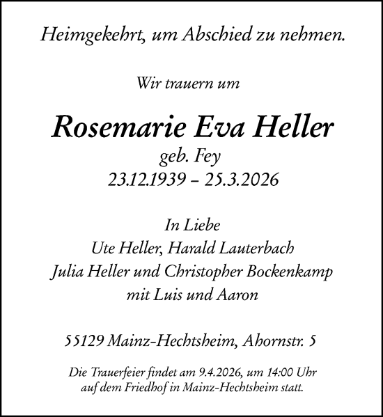 Traueranzeige von Rosemarie Eva Heller von Allgemeine Zeitung Mainz