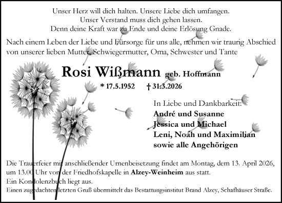 Traueranzeige von Rosi Wißmann von Allgemeine Zeitung Alzey
