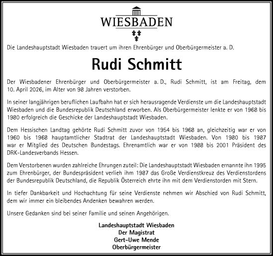 Traueranzeige von Rudi Schmitt von Wiesbadener Kurier