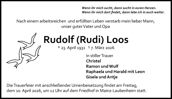 Traueranzeige von Rudolf Loos von Allgemeine Zeitung Mainz