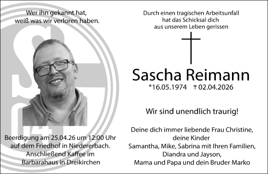 Traueranzeige von Sascha Reimann von Nassauische Neue Presse