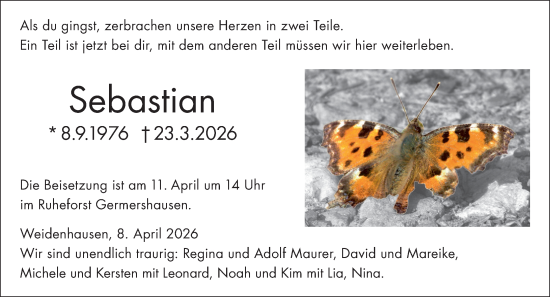 Traueranzeige von Sebastian  von Hinterländer Anzeiger