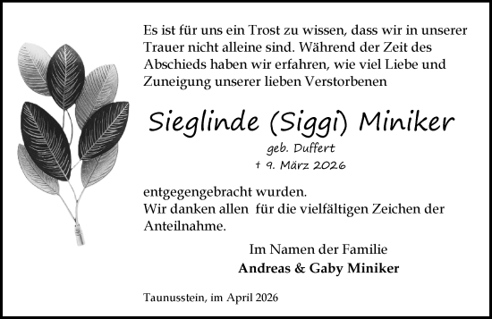 Traueranzeige von Sieglinde Miniker von Idsteiner Land/Untertaunus