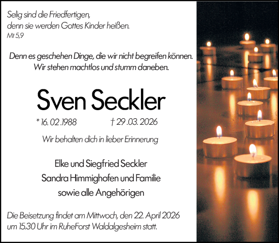 Traueranzeige von Sven Seckler von Binger-/Ingelheimer Wochenblatt