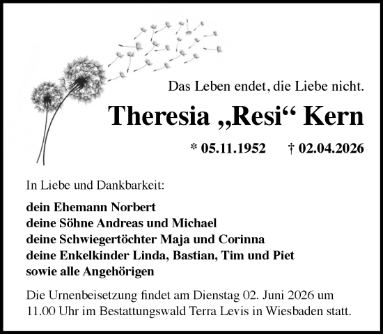 Traueranzeige von Theresia Kern von Wiesbadener Kurier