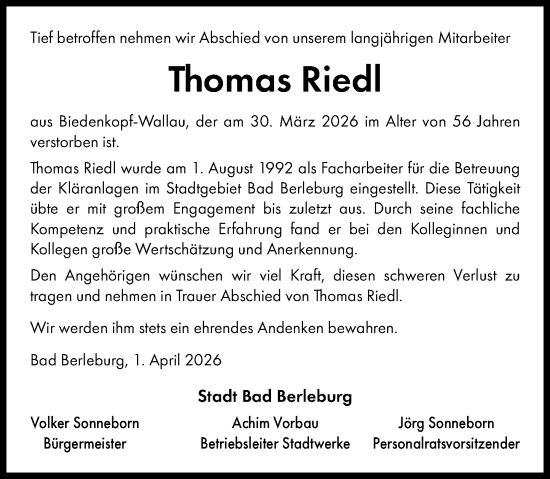 Traueranzeige von Thomas Riedl von Hinterländer Anzeiger