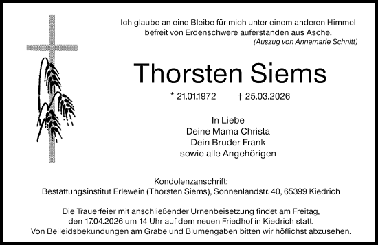 Traueranzeige von Thorsten Siems von Wiesbadener Kurier