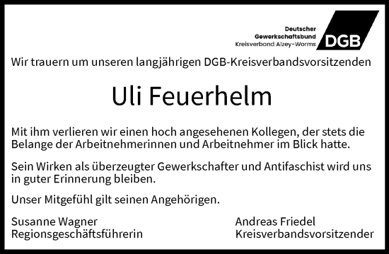 Traueranzeige von Uli Feuerhelm von Allgemeine Zeitung Alzey