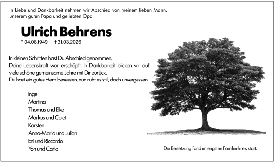 Traueranzeige von Ulrich Behrens von Hinterländer Anzeiger
