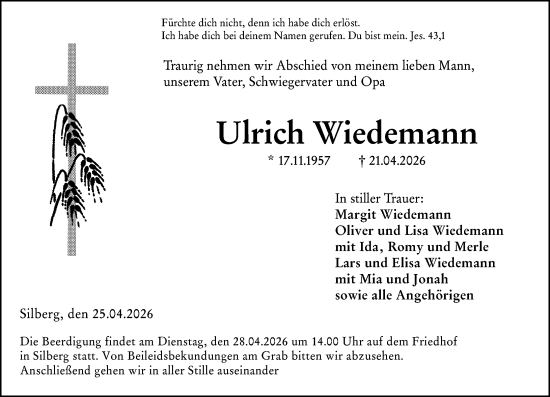 Traueranzeige von Ulrich Wiedemann von Hinterländer Anzeiger