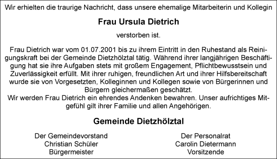 Traueranzeige von Ursula Dietrich von Dill Block