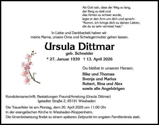 Traueranzeige von Ursula Dittmar von Wiesbadener Kurier