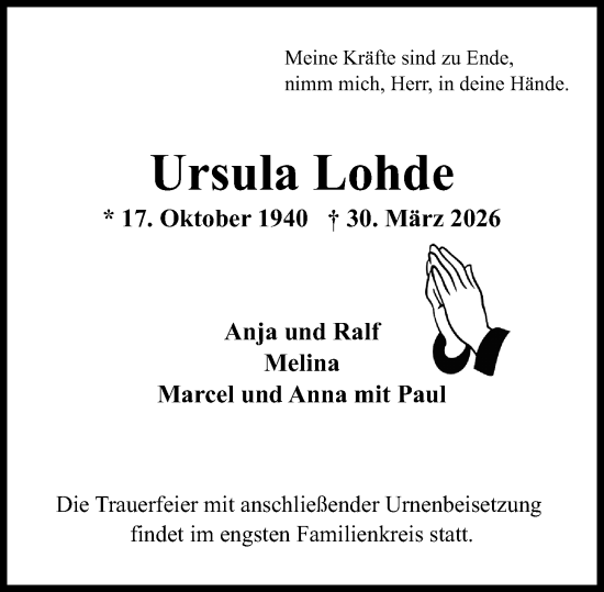 Traueranzeige von Ursula Lohde von Wiesbadener Kurier