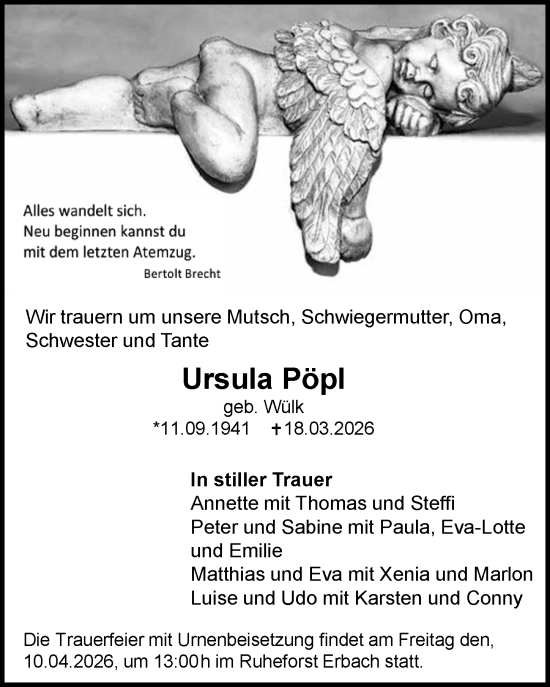 Traueranzeige von Ursula Pöpl von Starkenburger Echo