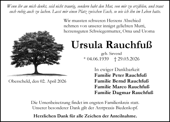 Traueranzeige von Ursula Rauchfuß von Dill Block