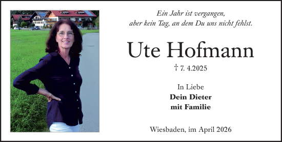Traueranzeige von Ute Hofmann von Wiesbadener Kurier