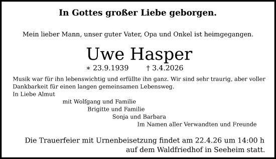 Traueranzeige von Uwe Hasper von Darmstädter Echo