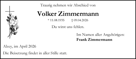Traueranzeige von Volker Zimmermann von Allgemeine Zeitung Alzey