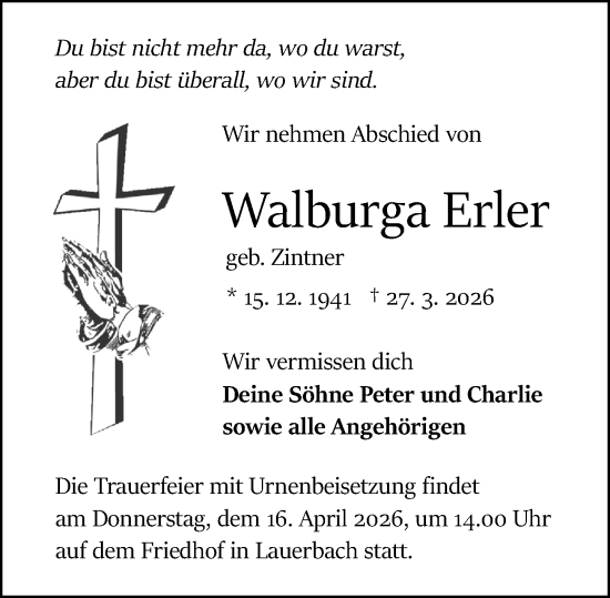 Traueranzeige von Walburga Erler von Odenwälder Echo