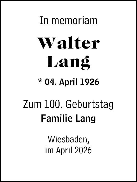 Traueranzeige von Walter Lang von Wiesbadener Kurier