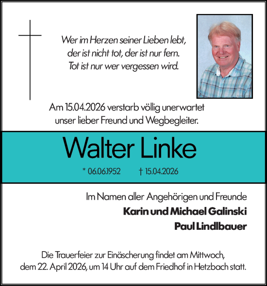 Traueranzeige von Walter Linke von Odenwälder Echo