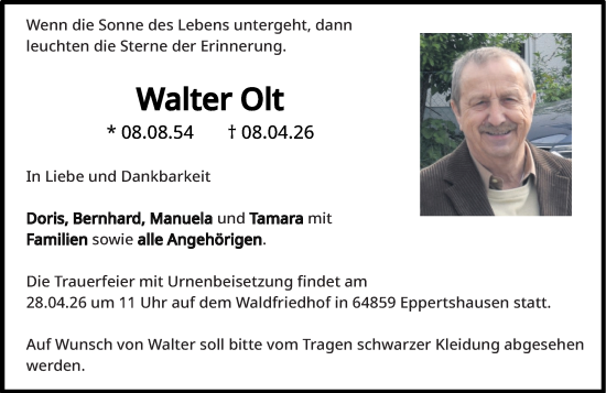 Traueranzeige von Walter Olt von Odenwälder Echo