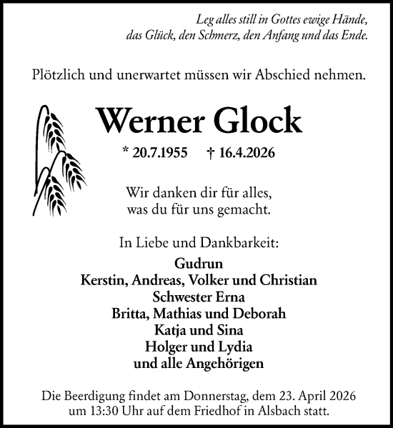 Traueranzeige von Werner Glock von Darmstädter Echo